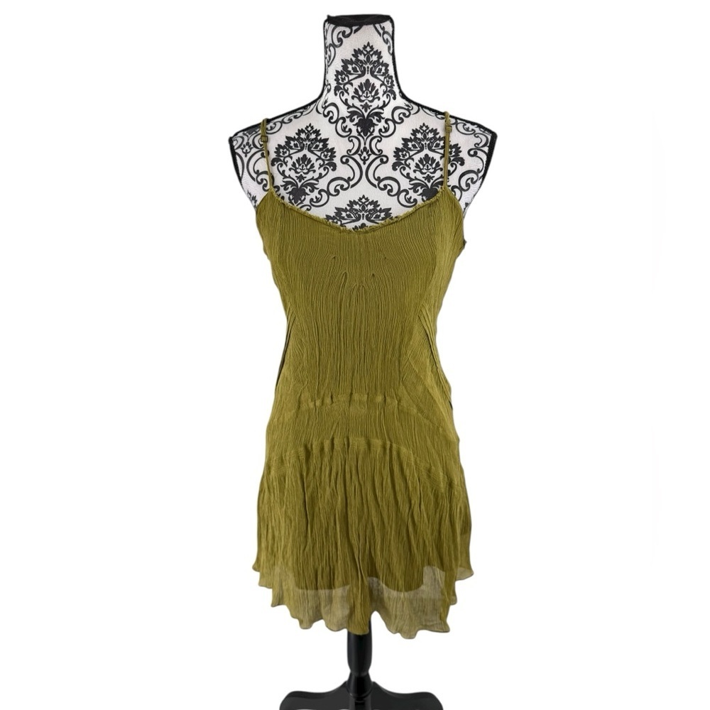 Broadway & Broome Olive Green Crinkle Textured Slip Dress Boho Cottagecore Chic